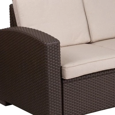 Merrick Lane Outdoor Furniture Resin Loveseat Chocolate Brown Faux Rattan Wicker Pattern 2-Seat Loveseat With All-Weather Beige Cushions 12 Merrick Lane Outdoor Furniture Resin Loveseat Chocolate Brown Faux Rattan Wicker Pattern 2-Seat Loveseat With All-Weather Beige Cushions - Image 10