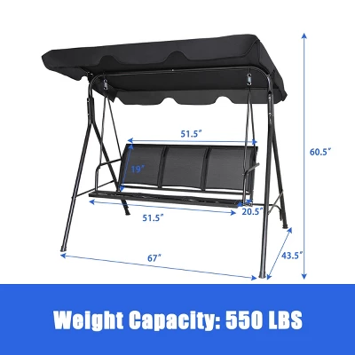 Costway Outdoor Patio Swing Canopy 3 Person Canopy Swing Chair Patio Hammock Black 5 Costway Outdoor Patio Swing Canopy 3 Person Canopy Swing Chair Patio Hammock Black - Image 3