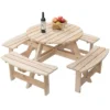 Gardenised Wooden Outdoor Patio Garden Round Picnic Table With Bench, 8 Person- Natural