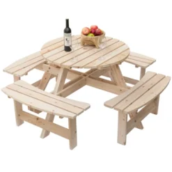Gardenised Wooden Outdoor Patio Garden Round Picnic Table With Bench, 8 Person- Natural