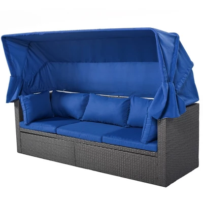 4pc Outdoor Wicker Rectangle Daybed With Canopy & Cushions - Blue - GODEER 8 4pc Outdoor Wicker Rectangle Daybed With Canopy & Cushions - Blue - GODEER - Image 6