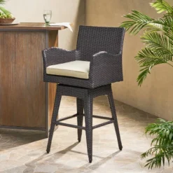 Braxton Wicker Swivel Patio Bar Stool With Cushion - Multi-Brown - Christopher Knight Home