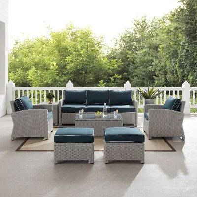 Bradenton 7pc Outdoor Wicker Sofa And Arm Chair Seating Set With Coffee Table, Side Table And 2 Ottomans - Navy/Gray - Crosley 4 Bradenton 7pc Outdoor Wicker Sofa And Arm Chair Seating Set With Coffee Table, Side Table And 2 Ottomans - Navy/Gray - Crosley - Image 2