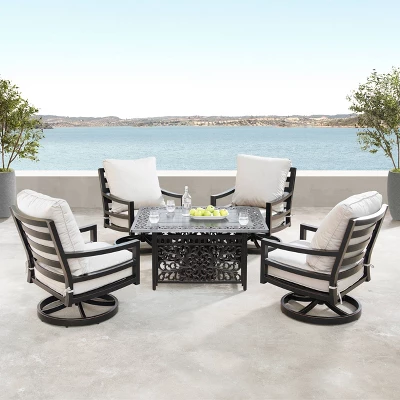 5pc Outdoor Dining Set With 48" Rectangle Fire Table & Deep Seating Swivel Rocking Chairs, Wind Blocker Lid & Covers - Oakland Living 3 5pc Outdoor Dining Set With 48" Rectangle Fire Table & Deep Seating Swivel Rocking Chairs, Wind Blocker Lid & Covers - Oakland Living