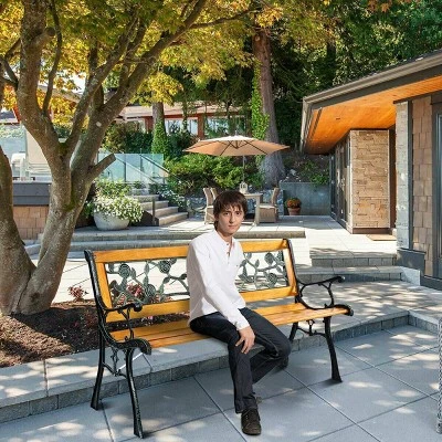 Costway Patio Park Garden Bench Porch Chair Outdoor Deck Cast Iron Hardwood Rose 6 Costway Patio Park Garden Bench Porch Chair Outdoor Deck Cast Iron Hardwood Rose - Image 4