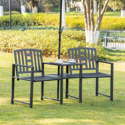 Outsunny Metal Garden Bench With Middle Table And Umbrella Hole, 2-in-1 Double Patio Chairs, Outdoor 2-person Tete-a-Tete, Slatted, Black 4 Outsunny Metal Garden Bench With Middle Table And Umbrella Hole, 2-in-1 Double Patio Chairs, Outdoor 2-person Tete-a-Tete, Slatted, Black - Image 2