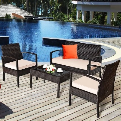 Costway 4PCS Patio Rattan Conversation Furniture Set Cushioned Seat Glass Table 3 Costway 4PCS Patio Rattan Conversation Furniture Set Cushioned Seat Glass Table