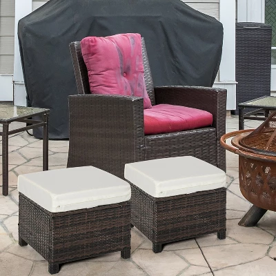 Outsunny 2 Pc 20" Outdoor PE Rattan Wicker Ottoman, Fade-Resistant Patio Footrest With Soft Cushion, Steel Frame, Brown, White 4 Outsunny 2 Pc 20" Outdoor PE Rattan Wicker Ottoman, Fade-Resistant Patio Footrest With Soft Cushion, Steel Frame, Brown, White - Image 2
