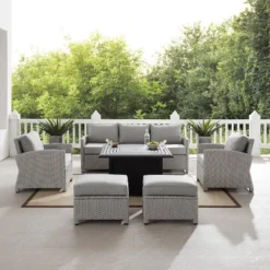 Bradenton 6pc Outdoor Wicker Sofa And Arm Chair Seating Set With Dante Fire Table And 2 Ottomans - Gray/Gray - Crosley -Crosley Shop GUEST fd1c38ab cc3e 44d6 89da d76a00634ba5