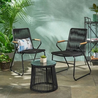 Moonstone 3pc Rope Weave Modern Chat Set - Black - Christopher Knight Home 3 Moonstone 3pc Rope Weave Modern Chat Set - Black - Christopher Knight Home